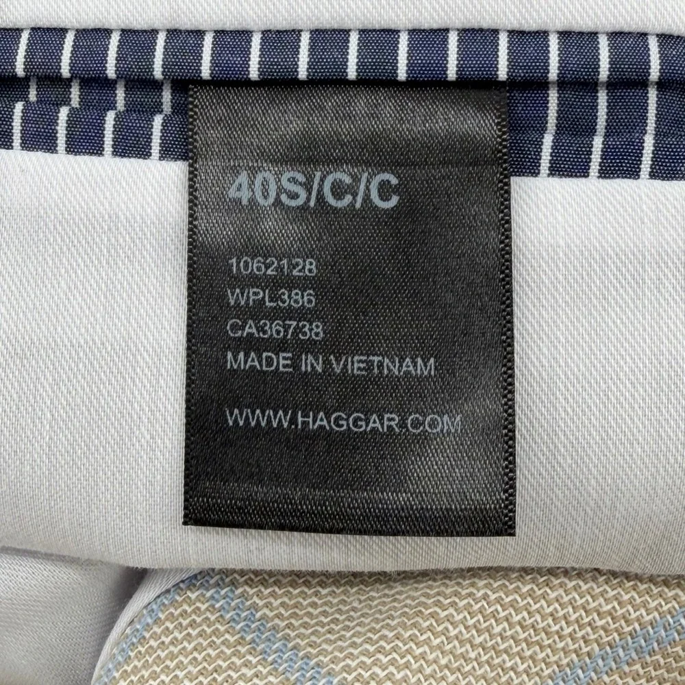 J.M. Haggar Sport Coat Mens 40S Tan Blue Windowpane Slim Cotton Blazer HJ80054